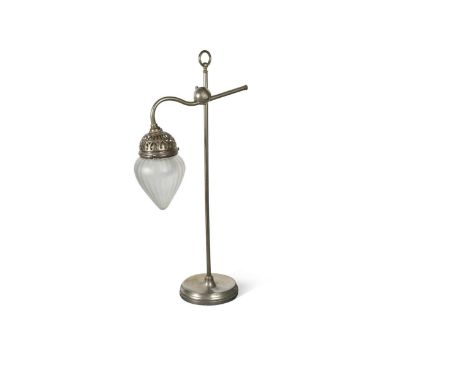 A polished steel swan-neck desk lamp, 19th century, the height and rake adjustable lamp with pierced gallery and frosted tear