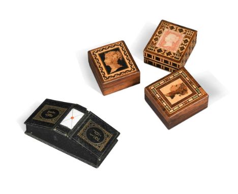 Three Tunbridgeware stamp boxes,  two with inlaid monarch heads, one with applied penny red stamp, largest 4cm; together with