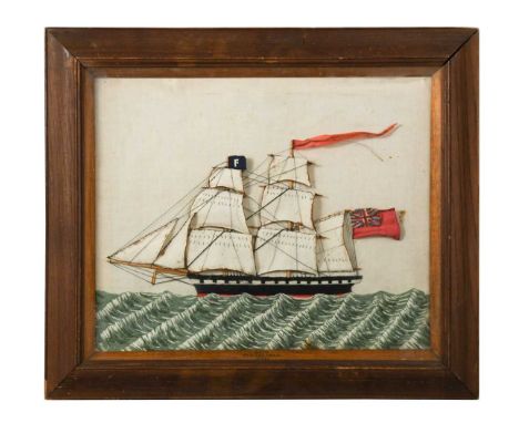 A woolwork and fabric collage of the Brig Messenger, Hull, 19th century,  the sea worked in green and white wool threads and 