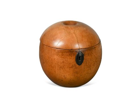 A fruitwood apple-shaped tea caddy, early 19th century, with hinged cover, the stalk loose 11cm high