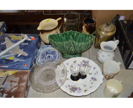 A quantity of decorative china to include Sylvac vase; a jug; half fluted teapot; glass cake stand etc