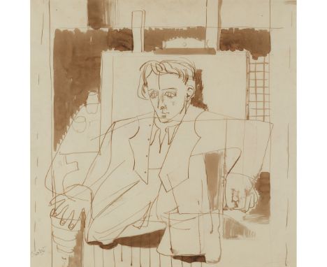 § WILLIAM CROSBIE R.S.A. (SCOTTISH 1915-1999) SEATED PORTRAIT Signed lower left, ink and wash(43cm x 43cm (17in x 17in))