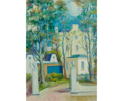 § WILLIAM CROSBIE R.S.A. (SCOTTISH 1915-1999) WHITE GATE WITH HOUSE, c.1970 Signed verso, oil on board(34cm x 24cm (13.25in x
