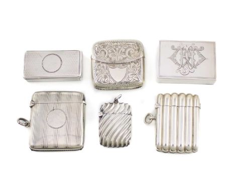 A collection of six silver vesta cases/boxes, various dates and makers, comprising: a Victorian one, by Wright and Davies, Lo