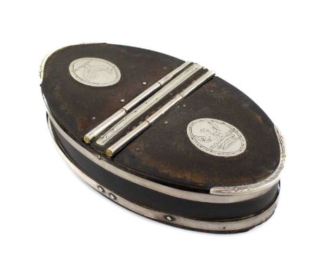 An 18th century silver-mounted composition double snuff box, the mounts are unmarked, circa 1780, oval navette form, the hing