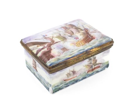 A late-19th century French enamel box, Battle of Trafalgar,by Samson, rectangular form, the hinged cover and sides painted wi