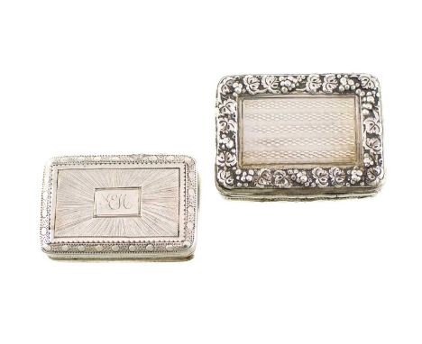Two George III silver vinaigrettes,by Joseph Taylor, Birmingham 1814 and 1817,rectangular form, foliate border to the hinged 