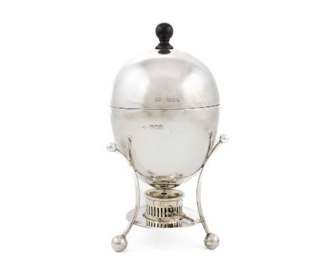 A late-Victorian silver egg coddler,by James Jay, London 1896,ovoid form, the pull-off cover with a ball finial, on three scr
