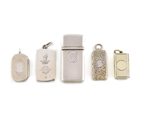 A collection of five silver and silver-gilt vesta boxes/cases, various dates and makers, comprising: a Victorian one by Thoma