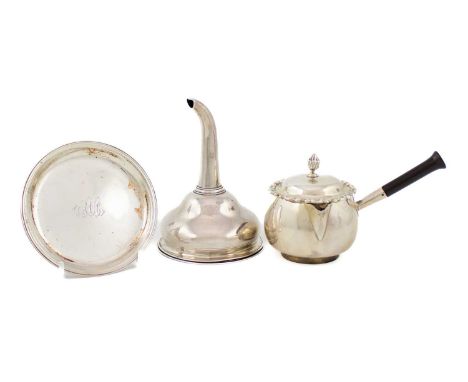 A George III silver wine funnel,by Elizabeth Aldridge, London 1766, circular form with a reeded border, pull-off strainer, he