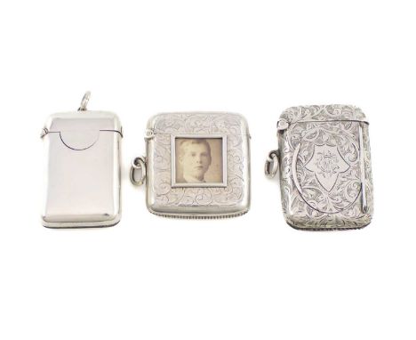A collection of three silver vesta cases, various dates and makers, comprising: an Edwardian one of rectangular form, by The 