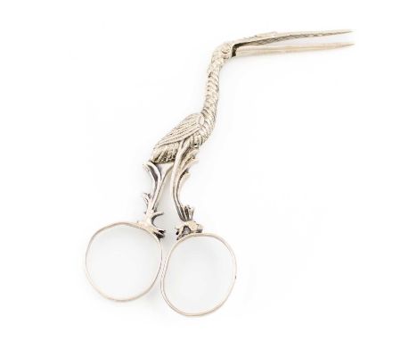 A pair of Dutch silver novelty stork ribbon threaders, also with a French import mark, scissor form, the interior with a fish