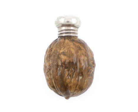 An Edwardian novelty silver-mounted ceramic walnut scent bottle,by Robert Pringle, Birmingham 1904,plain screw-off cover, len