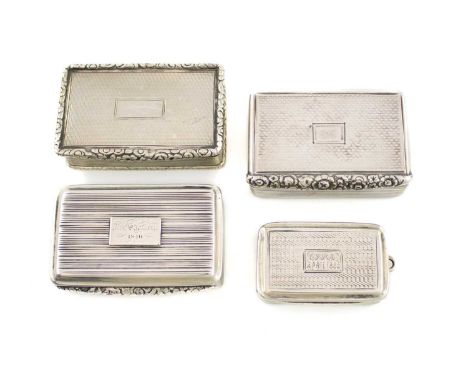 A collection of four antique silver snuff boxes,rectangular form, with reeded sides and engine-turned decoration, comprising: