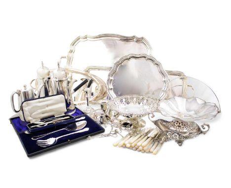 A mixed lot, comprising: a silver pierced basket by Mappin &amp; Webb, Sheffield 1930, a cased knife, fork and spoon, a candl