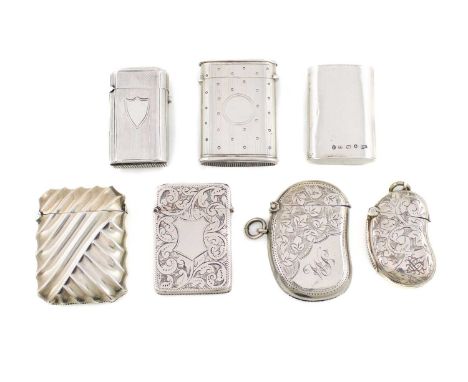 A collection of seven silver vesta cases, various dates and makers, comprising: two of kidney form, with engraved decoration,