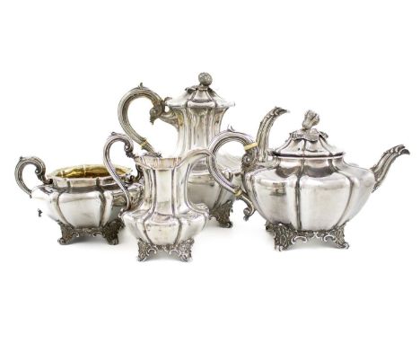 λ A matched William IV silver four-piece tea and coffee set, by Joseph & John Angel, and John, Edward, Walter and John Barnar