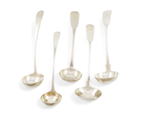 A collection of five antique Scottish provincial silver toddy ladles,Fiddle and Old English patterns, one with a crest, the o