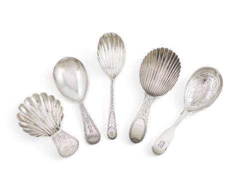 A collection of five George III and Victorian silver caddy spoons,comprising: one by Hester Bateman, London 1785, Bright-cut 