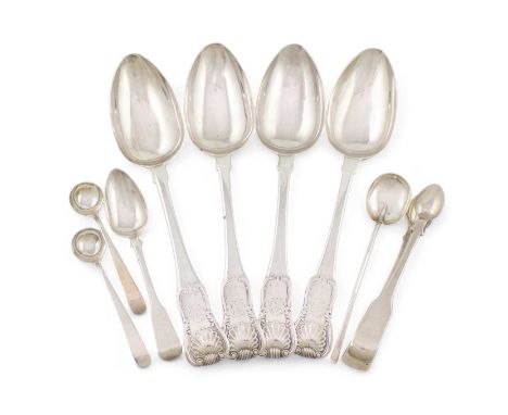 A mixed lot of silver flatware,comprising: a set of four George IV King's Hour Glass pattern tablespoons by George Samuel Lew