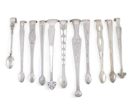 A collection of eleven pairs of George III to Victorian silver sugar tongs, various dates and makers, including bright-cut ex
