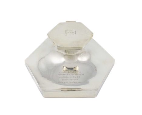 A silver presentation inkwell,by Walker &amp; Hall, Sheffield 1947,plain hexagonal form, hinged cover inscribed 'Booker Group