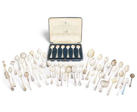 A collection of silver flatware,various dates and makers,comprising: a cased set of six silver commemorative teaspoons, each 