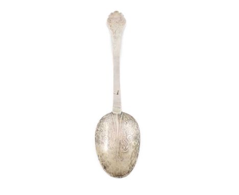 A Charles II silver Lace-back and Front Trefid spoon,worn maker's mark, London 1682, the reverse of the oval bowl with a rais