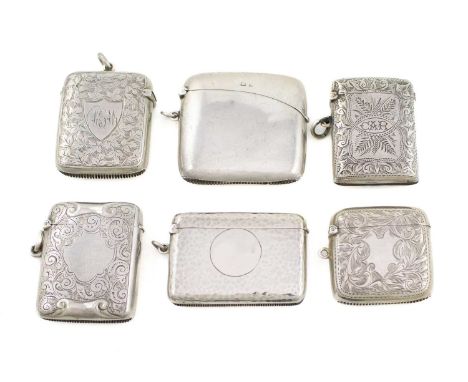 A collection of six silver vesta cases, various dates and makers, comprising: one of shaped rounded rectangular form, Chester