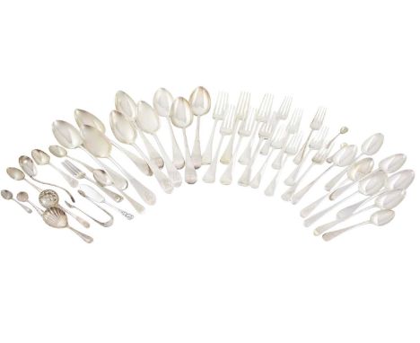 A collection of silver flatware,various dates and makers,comprising: a set of five George III Scottish tablespoons by William