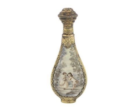 A 19th century French silver-gilt and enamel scent bottle,slender baluster form, decorated with children in woodland glades, 