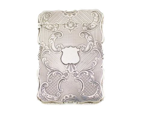 A Victorian silver card case,by Nathaniel Mills, Birmingham 1844, shaped rectangular form with scroll foliate and engine-turn