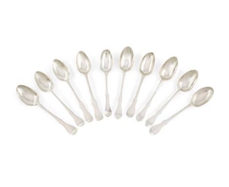 A collection of ten antique Scottish silver Fiddle pattern teaspoons,comprising: a set of three by John Cornfute, Perth circa