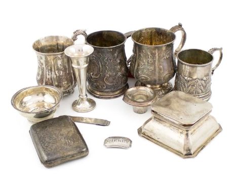 A mixed lot, comprising silver items: two George IV christening mugs, London 1822 and 1826, a George II mug, London 1733, a V