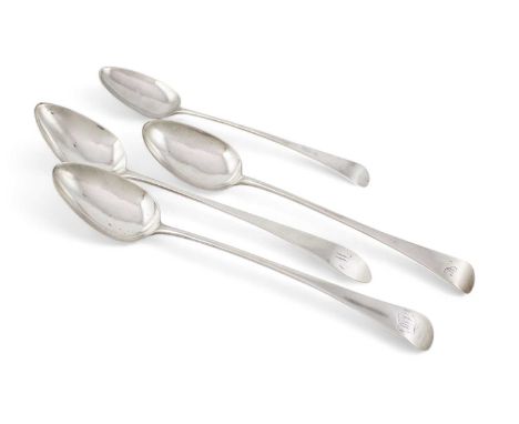 A collection of four George III silver basting spoons,comprising: a Scottish one, maker's mark R?, Edinburgh 1798, plus three