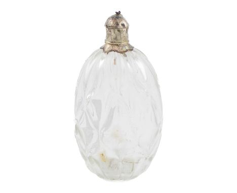 An early-18th century silver-mounted glass flask, unmarked, shaped oval form, textured glass body, the mount with engraved de