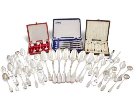 A mixed lot of silver flatware,various dates and makers,comprising: a George III meat skewer, five Fiddle and Thread tablespo
