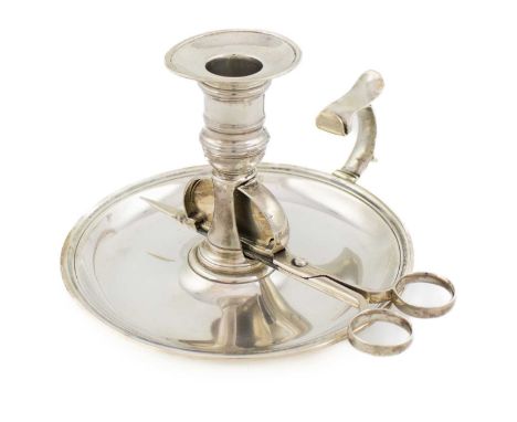 A George III silver chamber stick and a pair of scissor snuffers,by William Gould, London 1737,plain circular form, scroll ha