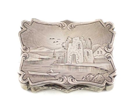An early-Victorian silver engraved vinaigrette, by Nathaniel Mills, Birmingham 1846, rectangular form, the hinged cover engra