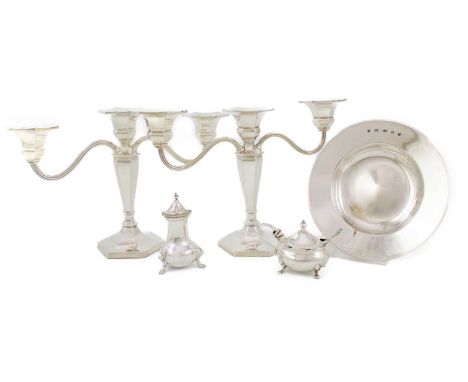 A mixed lot of silver items,various dates and makers,comprising: a matched modern pair of three-light candelabra, Birmingham 