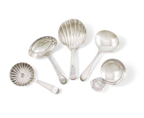A collection of five George III silver caddy spoons,comprising: one by George Brasier, London 1793, Bright-cut handle with an