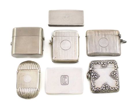 A collection of six silver vesta cases/boxes, various dates and makers, comprising: a late-Victorian one with engine-turned a