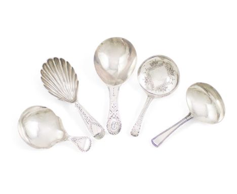 A collection of five George III silver caddy spoons,comprising: one by Peter &amp; Ann Bateman, London 1793, Bright-cut handl
