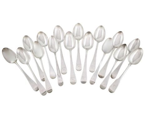 A collection of antique silver tablespoons,comprising: a set of five George III silver Old English pattern tablespoons by Pau