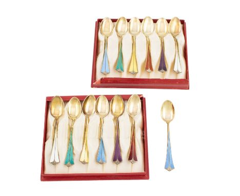 A set of twelve Norwegian silver-gilt and enamel coffee spoons,by David Andersen,tapering handles, with six different colours