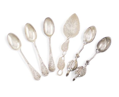 A small collection of antique silver spoons, comprising: a William IV vine leaf sugar spoon, by Joseph Willmore, Birmingham 1