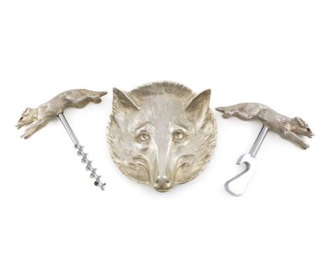 A modern silver fox dish, corkscrew and bottle opener,the dish by William Suckling Limited, Birmingham 1961, the others by J 