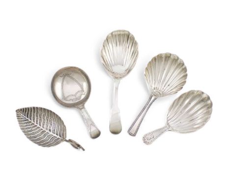 A collection of five George III silver caddy spoons,comprising: one by Joesph Taylor, Birmingham 1799, leaf form with a wire-