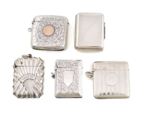 A collection of five silver vesta cases, various dates and makers, comprising: a Victorian one by C. Cheshire, Chester 1894, 