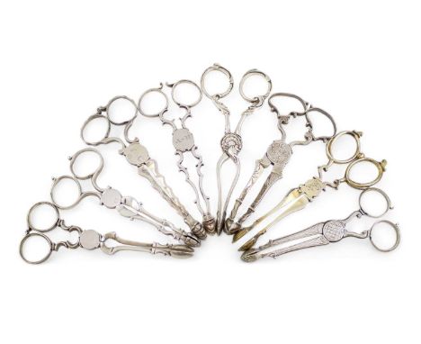 A collection of eight pairs of mid-18th century silver sugar nips, various dates and makers, circa 1750-1770,  including a si